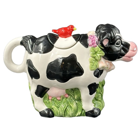 Wangs Vintage Black and White Cow Teapot with Red Bird on Lid Tail is Handle - Picture 3 of 8